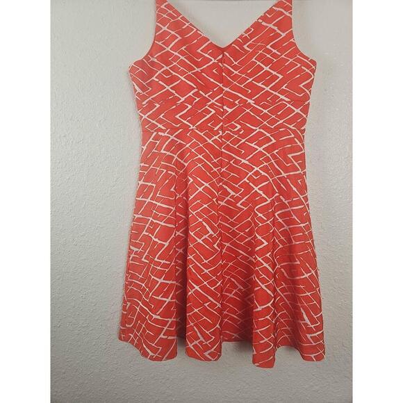 CeCe Womens Sleeveless Geometric Fit Flare Dress Coral Red Petite 6 - Picture 4 of 8
